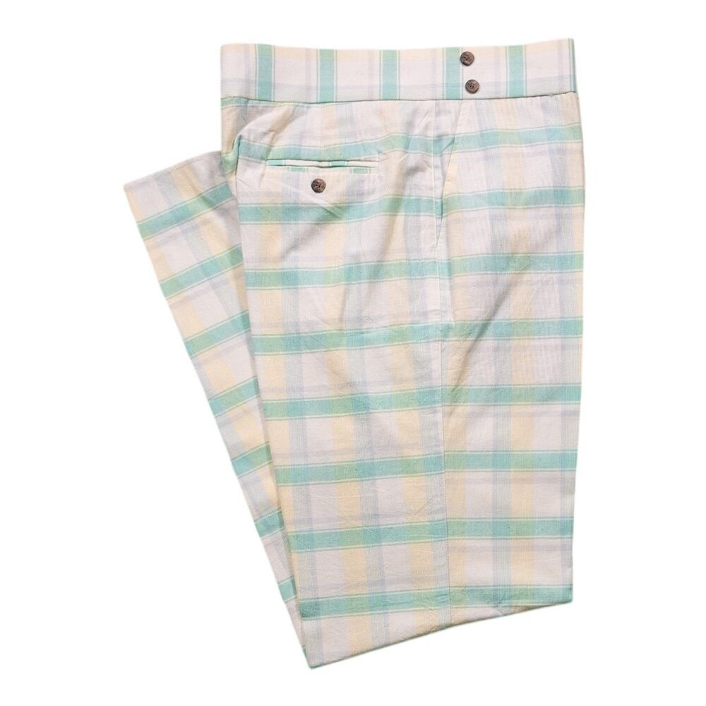 Mens Gurkha Pants 36 Teal Yellow Plaid Cotton High Waist Straight Fit Flat Front